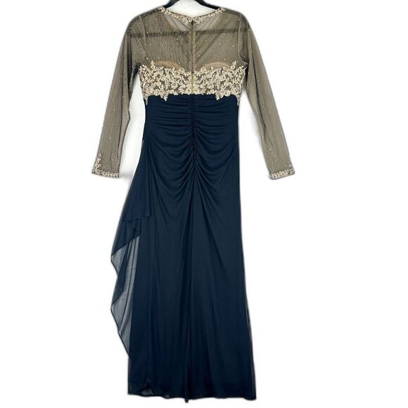 Xscape Noah Illusion Long Sleeve Lace Matte Jersey Gown Ruched Size 6 Navy Gold - Picture 6 of 16